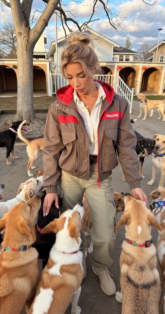 Surrounded by the dogs she feeds